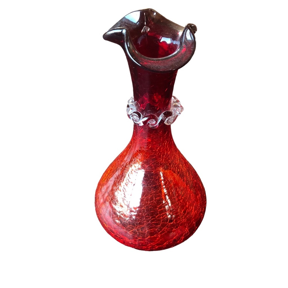 Vtg Ruby Red Amber Crackle Glass Hand Blown Bud Vase Ruffled Rim Applied Rigaree - Picture 1 of 16